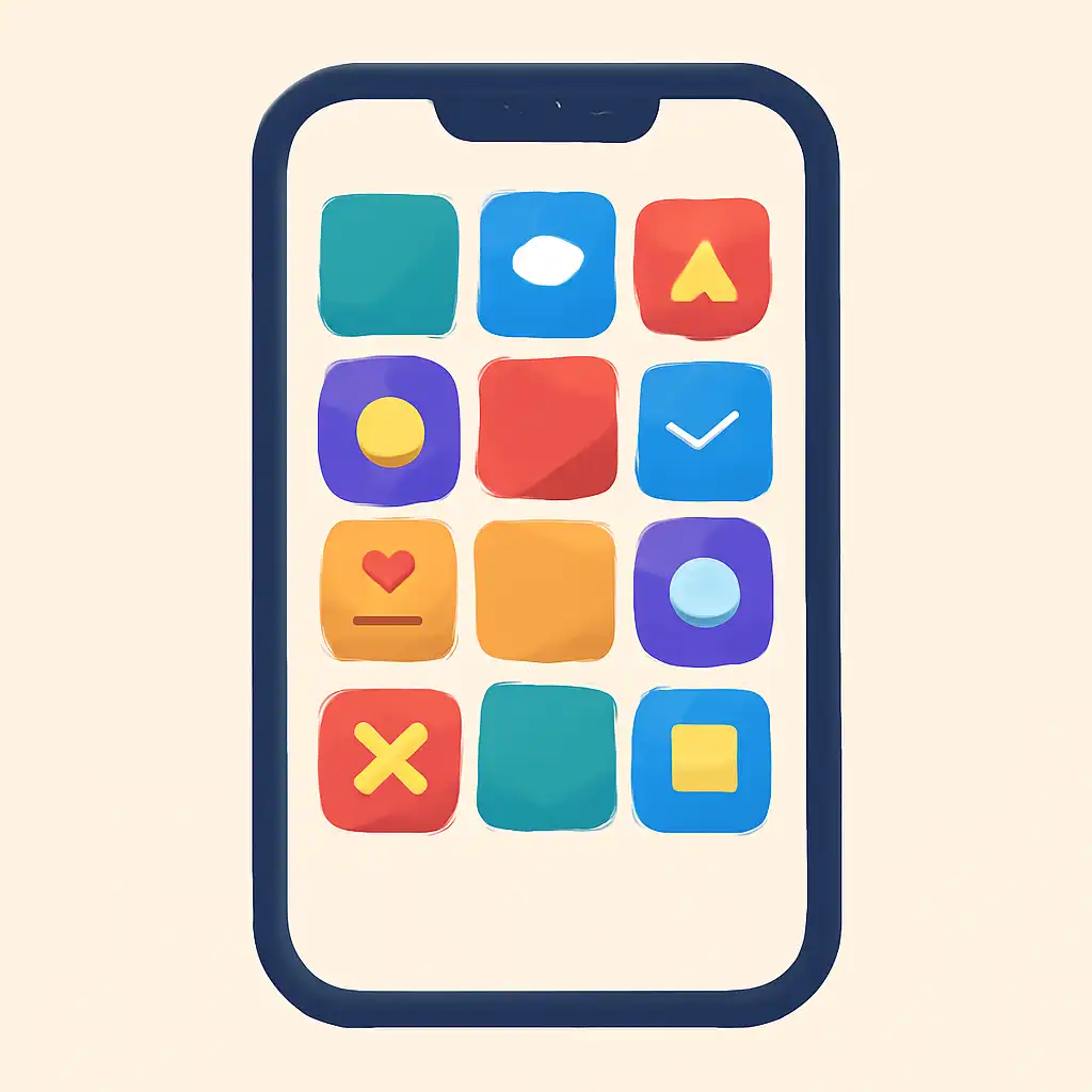 Smartphone shown from the front displaying a colourful flat layout of abstract game icons and rounded tiles (no text, no letters, no labels), 13L Game