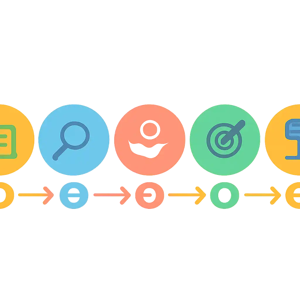 Five numbered circular icons connected by arrows in a horizontal flow, flat illustration, icons only, no words, 13L Game steps